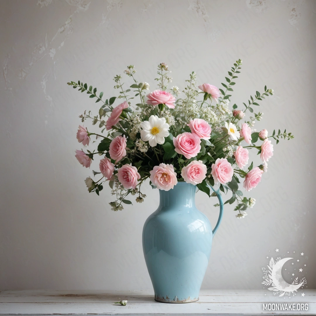 A shabby metal pastel blue vase with white and pink flowers.