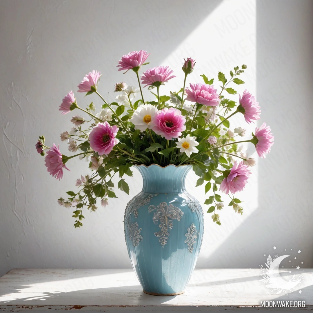 A shabby pastel blue vase filled with white and pink flowers rests against a worn white wall, illuminated by soft sun rays.