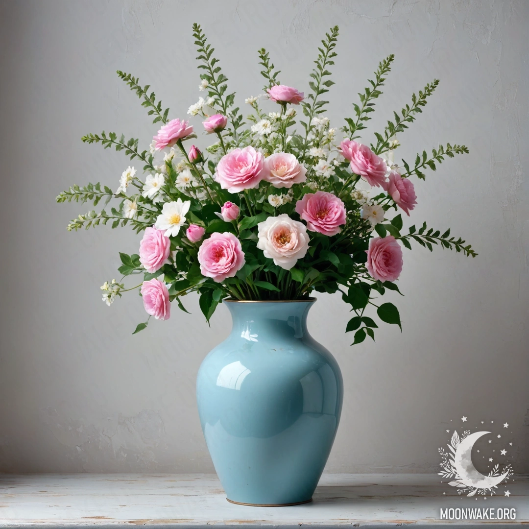 A shabby pastel blue vase filled with white and pink flowers against a worn white wall, illuminated by soft night light.