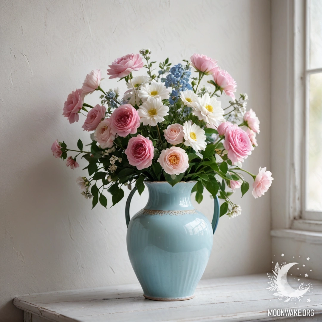 A shabby pastel blue metal vase filled with white and pink flowers against a worn white wall during sunset.