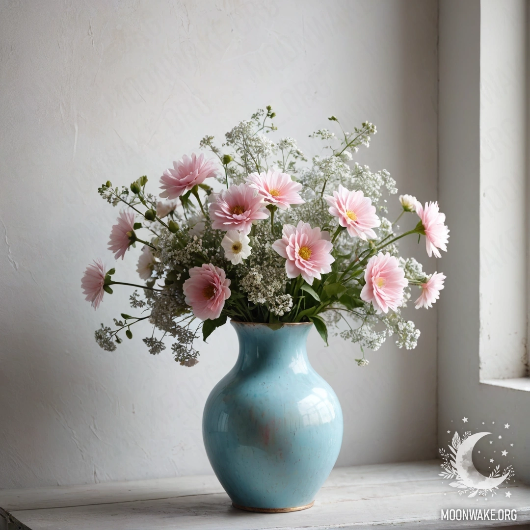 A shabby pastel blue vase holding white and pink flowers against a worn white wall during sunset.