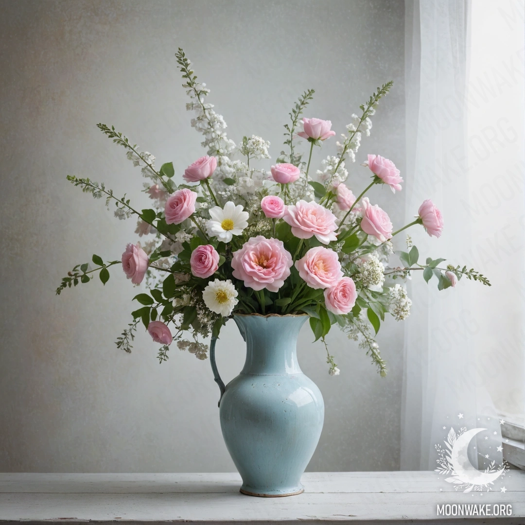 A shabby metal pastel blue vase filled with white and pink flowers against a shabby white wall, enveloped in dense mist.
