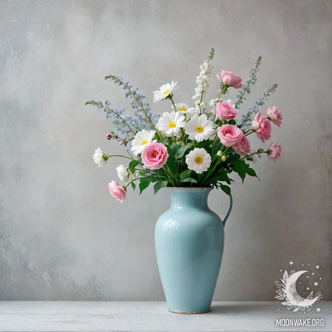 A shabby metal pastel blue vase with white and pink flowers against a shabby white wall in dense mist.