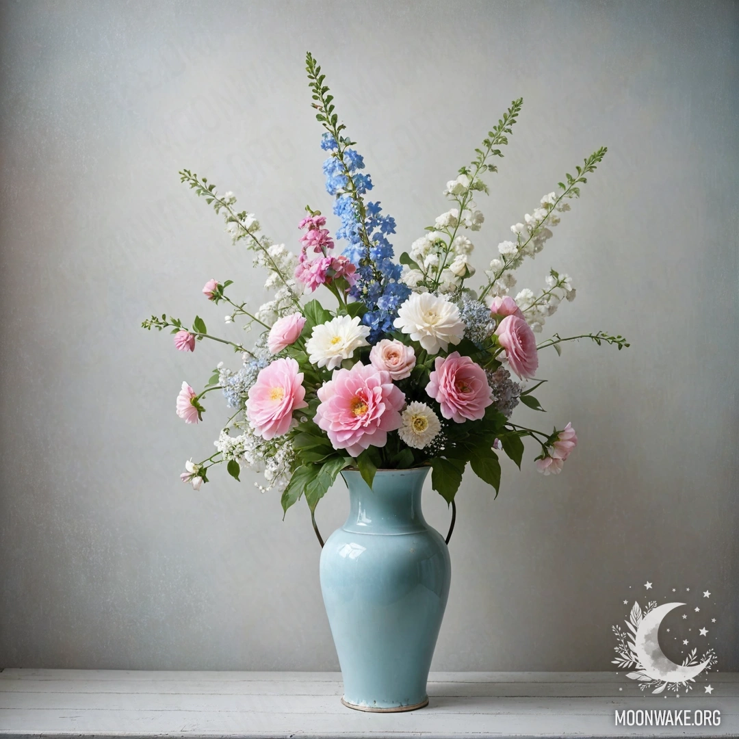 An abstract shabby metal vase in pastel blue, filled with white and pink flowers, set against a weathered white wall enveloped in dense fog.
