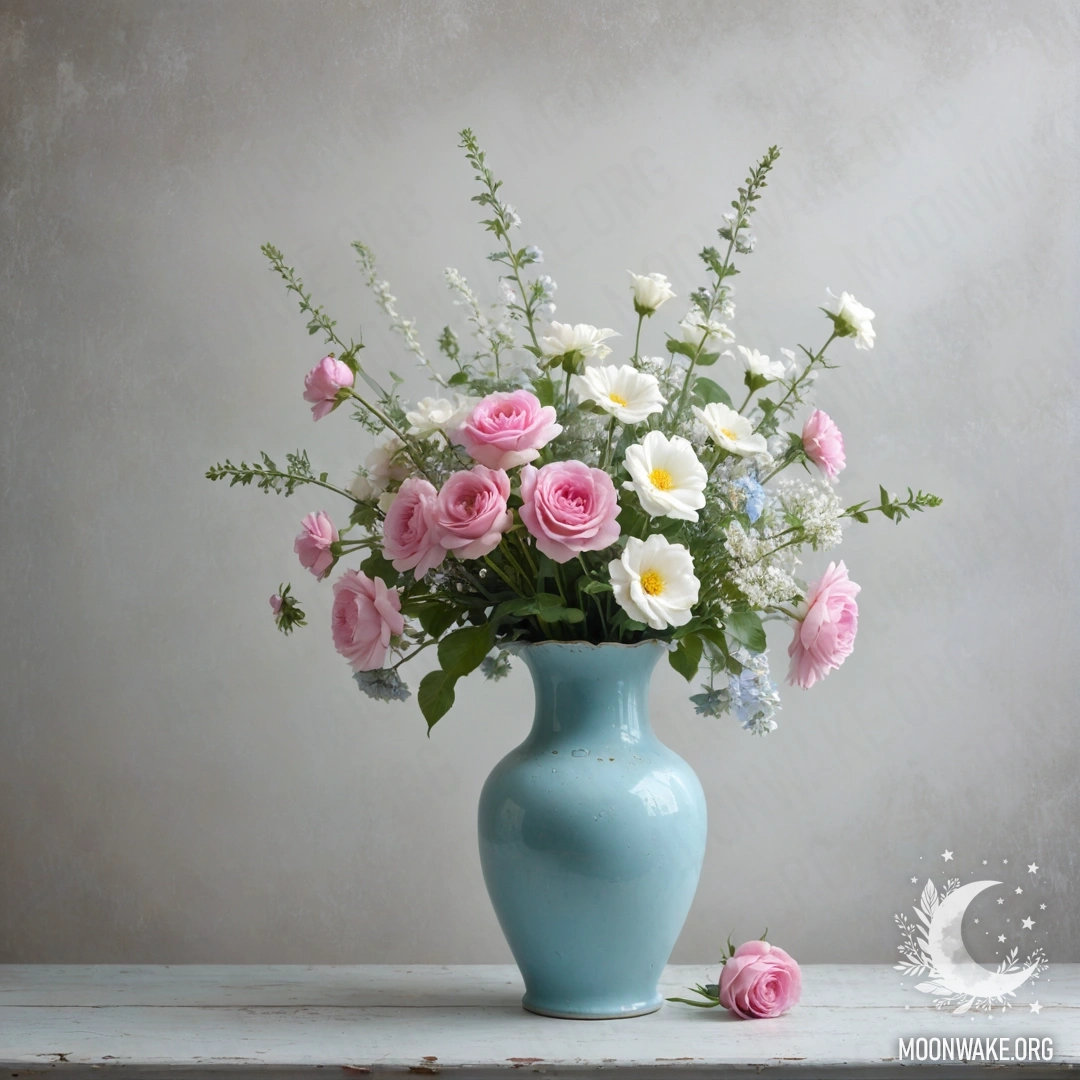 Pastel Blue Vase with Flowers in Mist A shabby pastel blue vase filled with white and pink flowers against a white wall enveloped in dense fog.