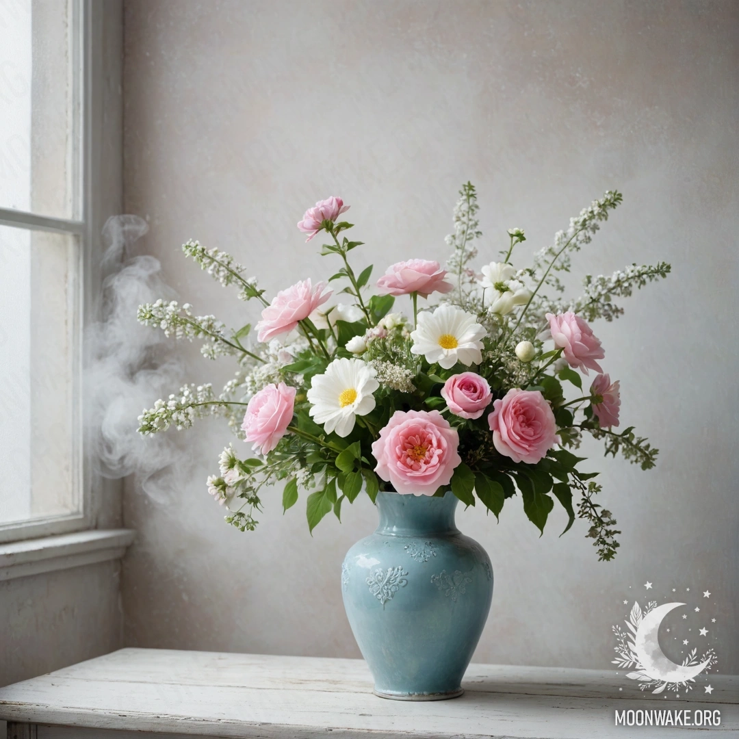 A shabby pastel blue vase filled with white and pink flowers against a white wall, enveloped in mist.