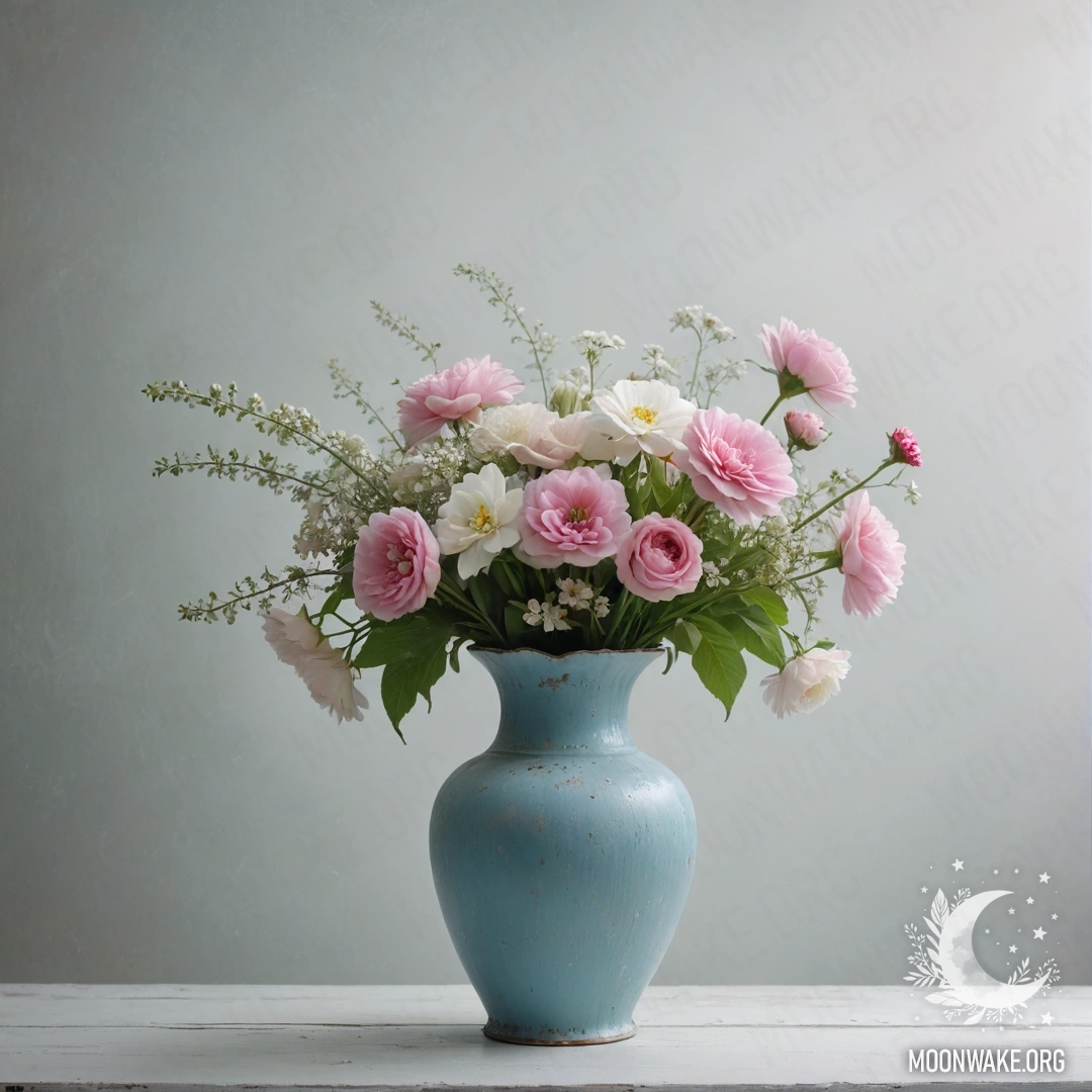 A shabby pastel blue vase filled with white and pink flowers, set against a weathered white wall enveloped in dense fog.