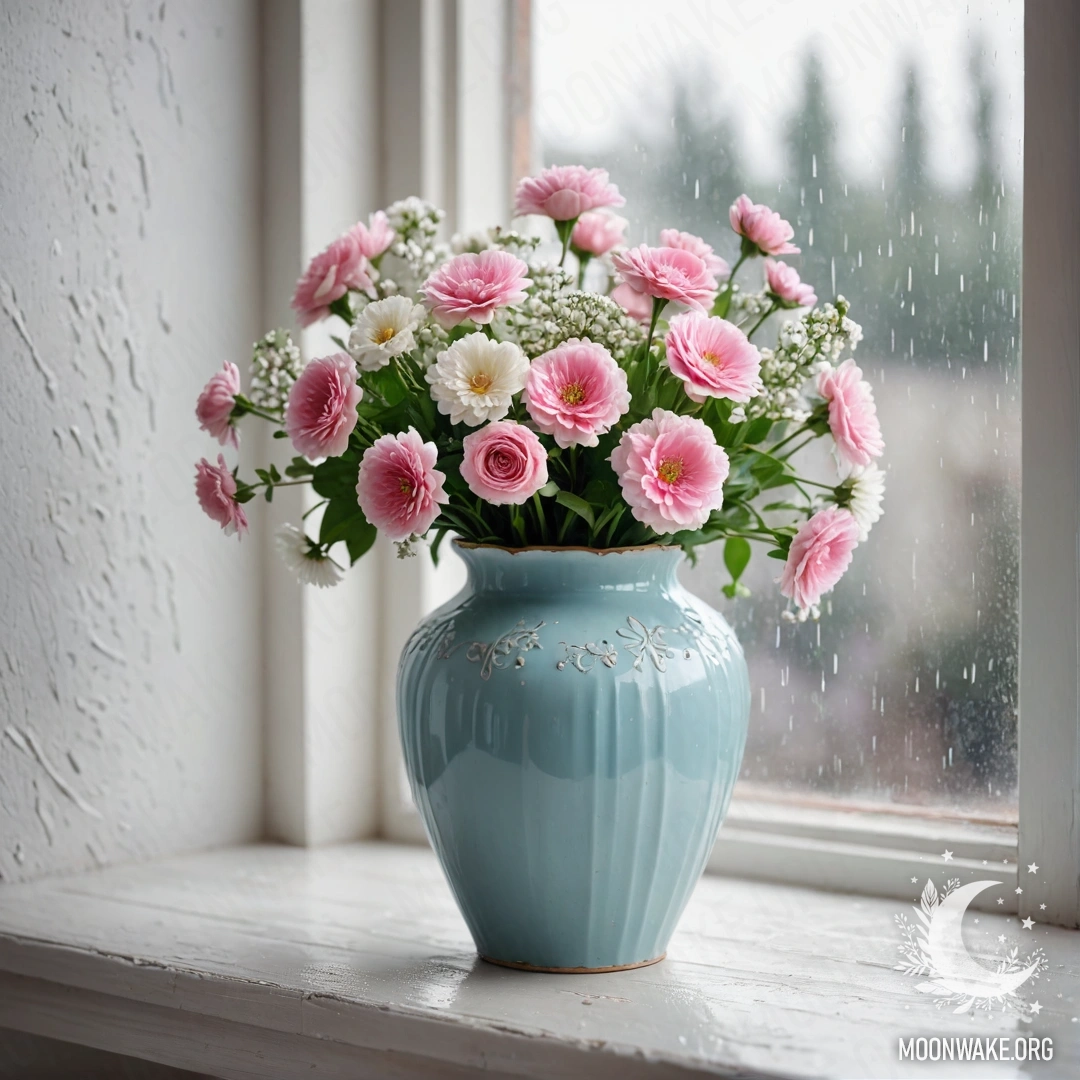 Pastel Blue Vase with Flowers in the Rain A shabby metal pastel blue vase with white and pink flowers against a white wall, rainy atmosphere.