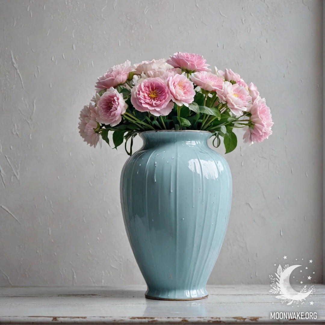 A shabby metal pastel blue vase filled with white and pink flowers against a shabby white wall, with rain falling in the background.