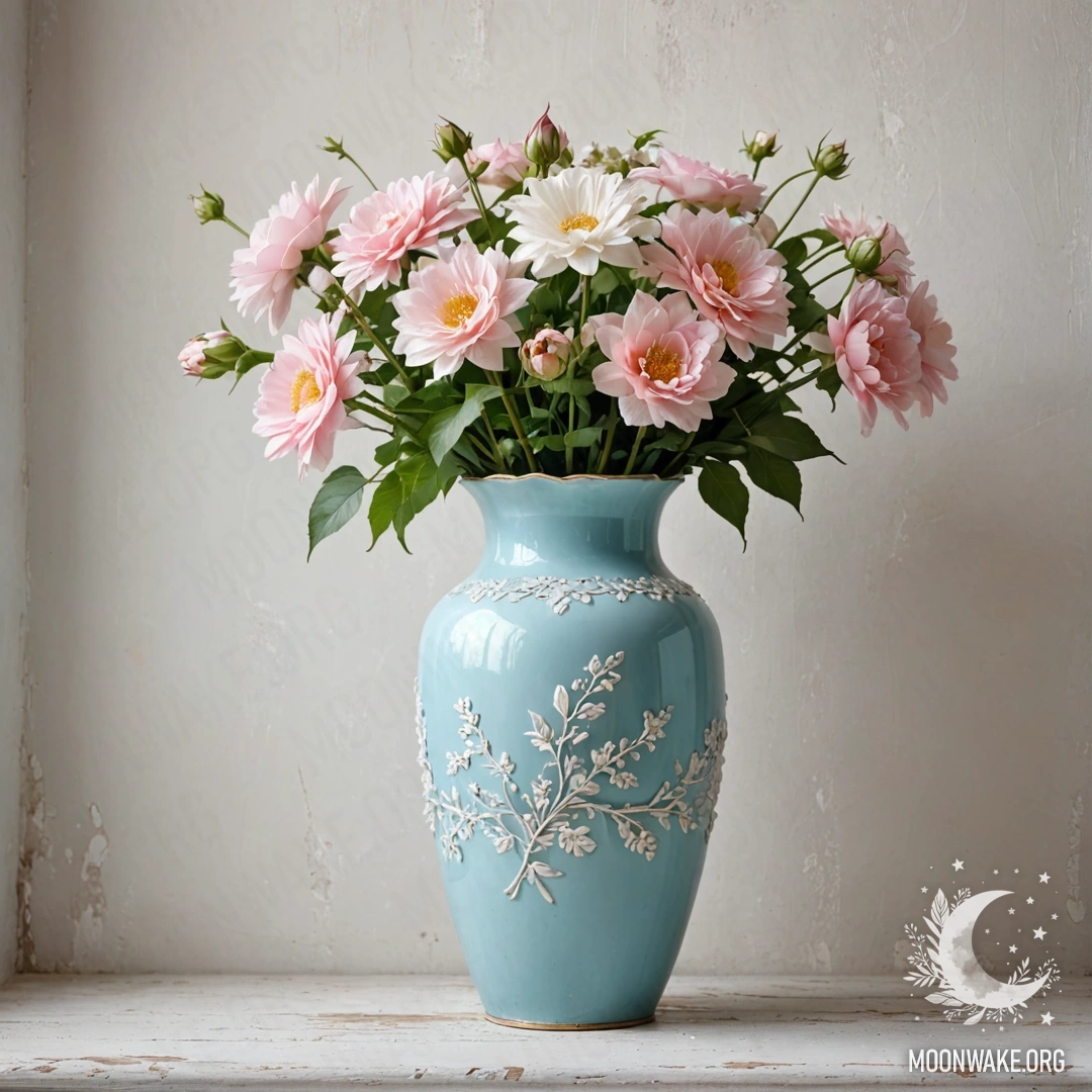A shabby pastel blue vase filled with white and pink flowers against a worn white wall during sunset.