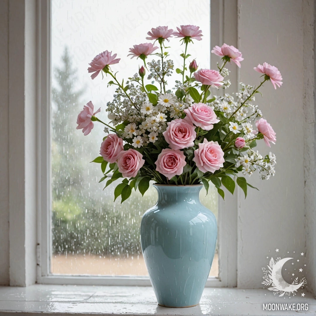 Pastel Blue Vase with Flowers Under Rain A shabby pastel blue vase with white and pink flowers against a worn white wall, under the rain.