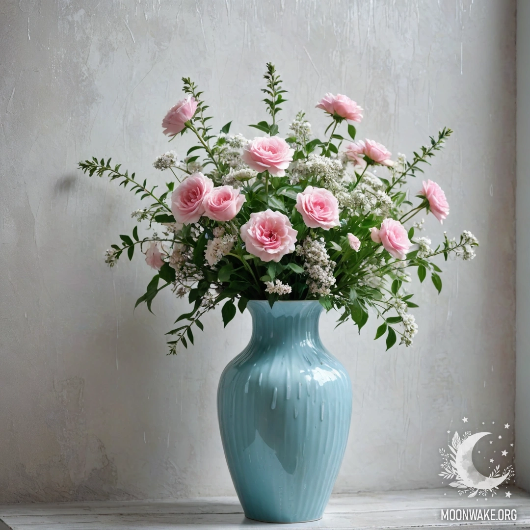 A photorealistic shabby metal pastel blue vase filled with white and pink flowers set against a white wall, with raindrops visible.