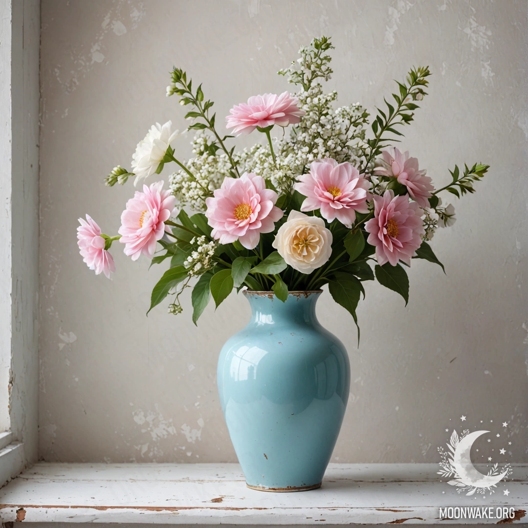 A shabby pastel blue vase with white and pink flowers against a white wall.