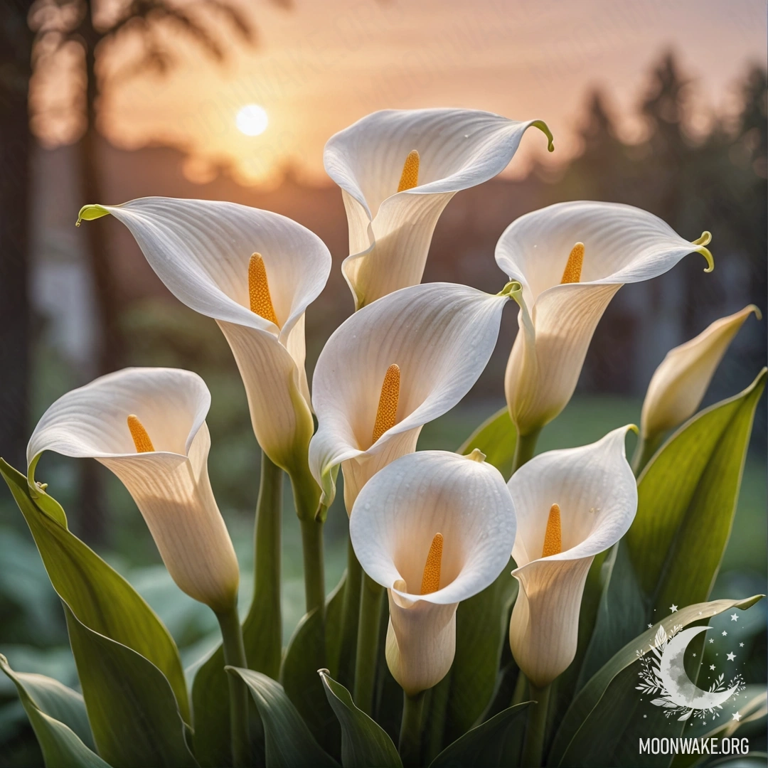 Beautiful calla lilies in soft pastel colors at sunset.