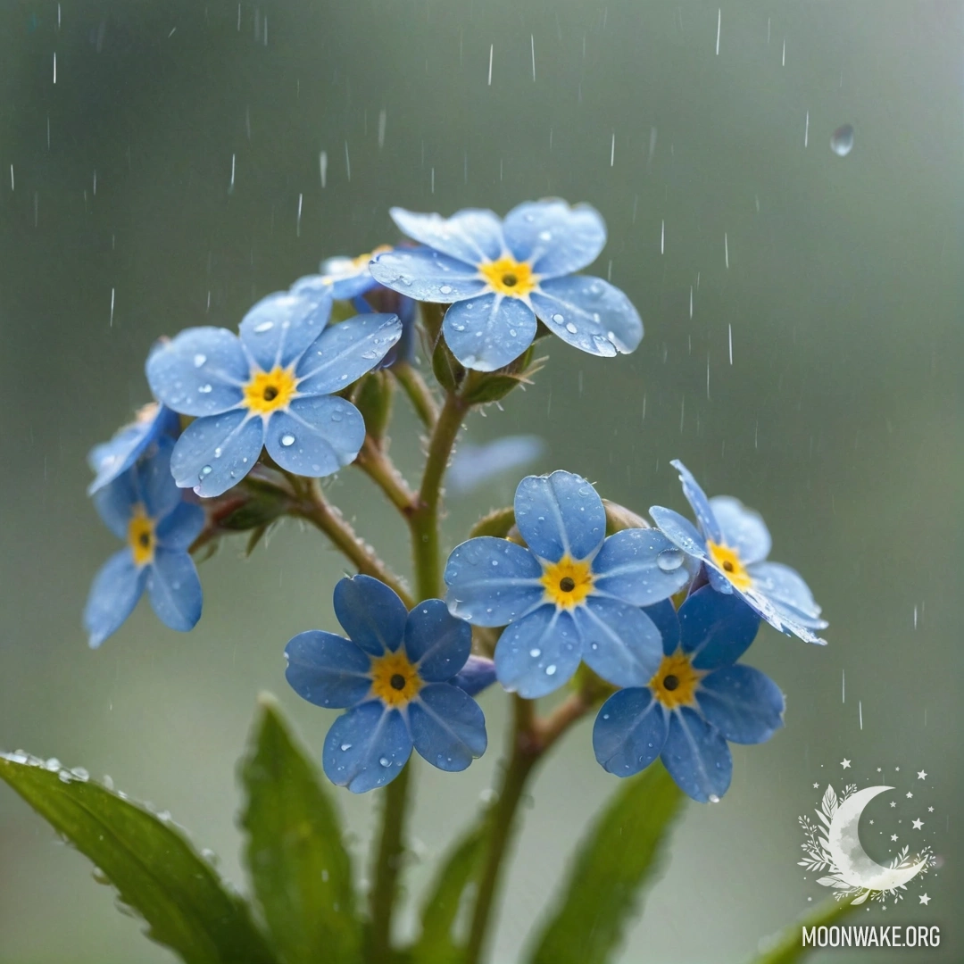 A delicate arrangement of forget-me-nots drenched in rain, showcasing subtle pastel hues.