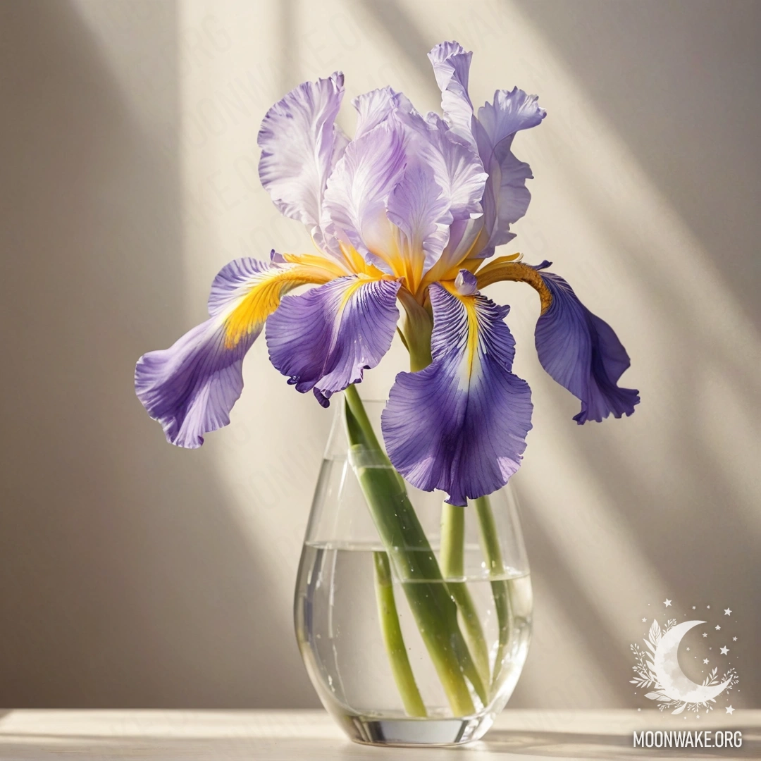 A watercolor painting of pastel-colored iris in a vase illuminated by sunlight.