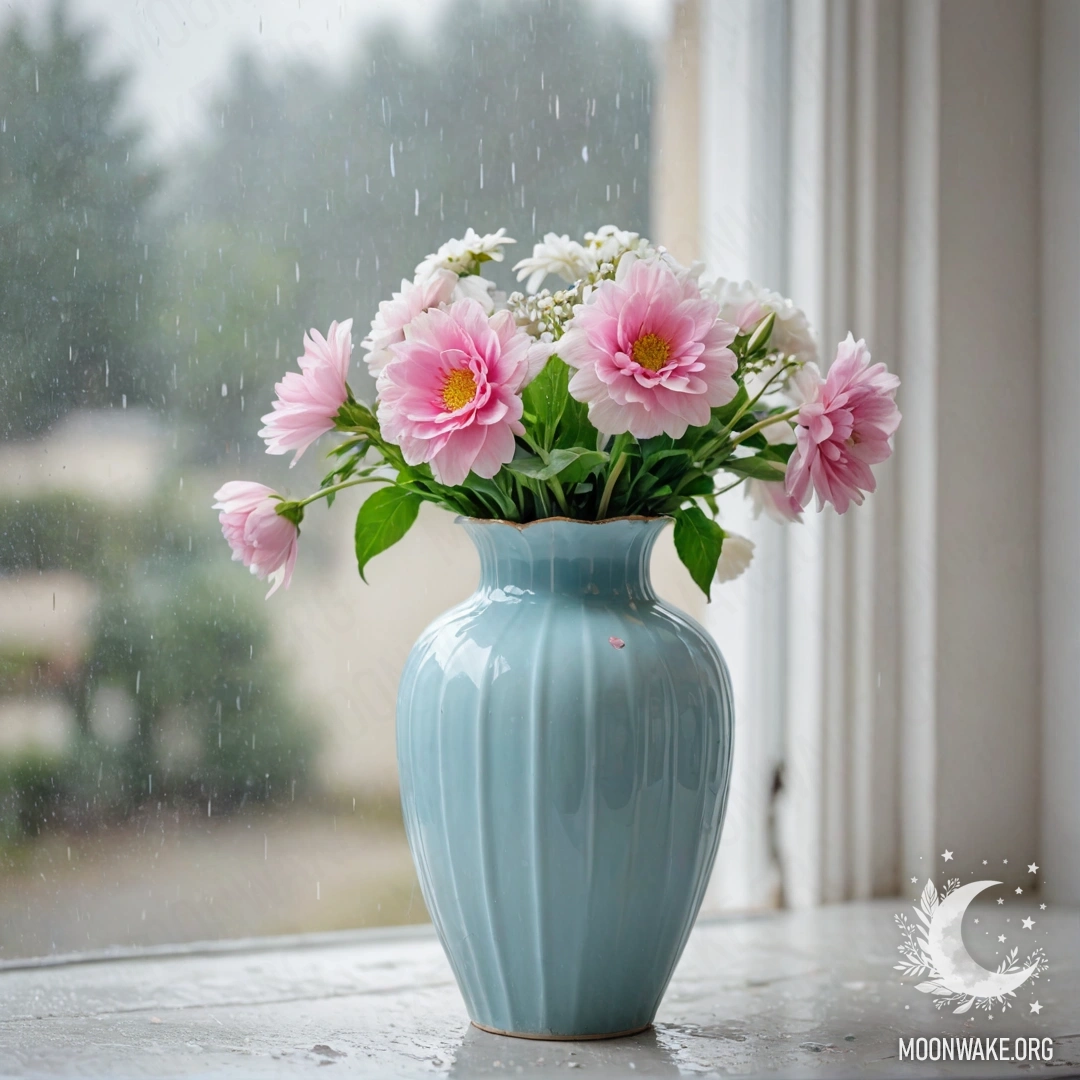 A shabby metal pastel blue vase holds white and pink flowers against a worn white wall, with rain falling in the background.