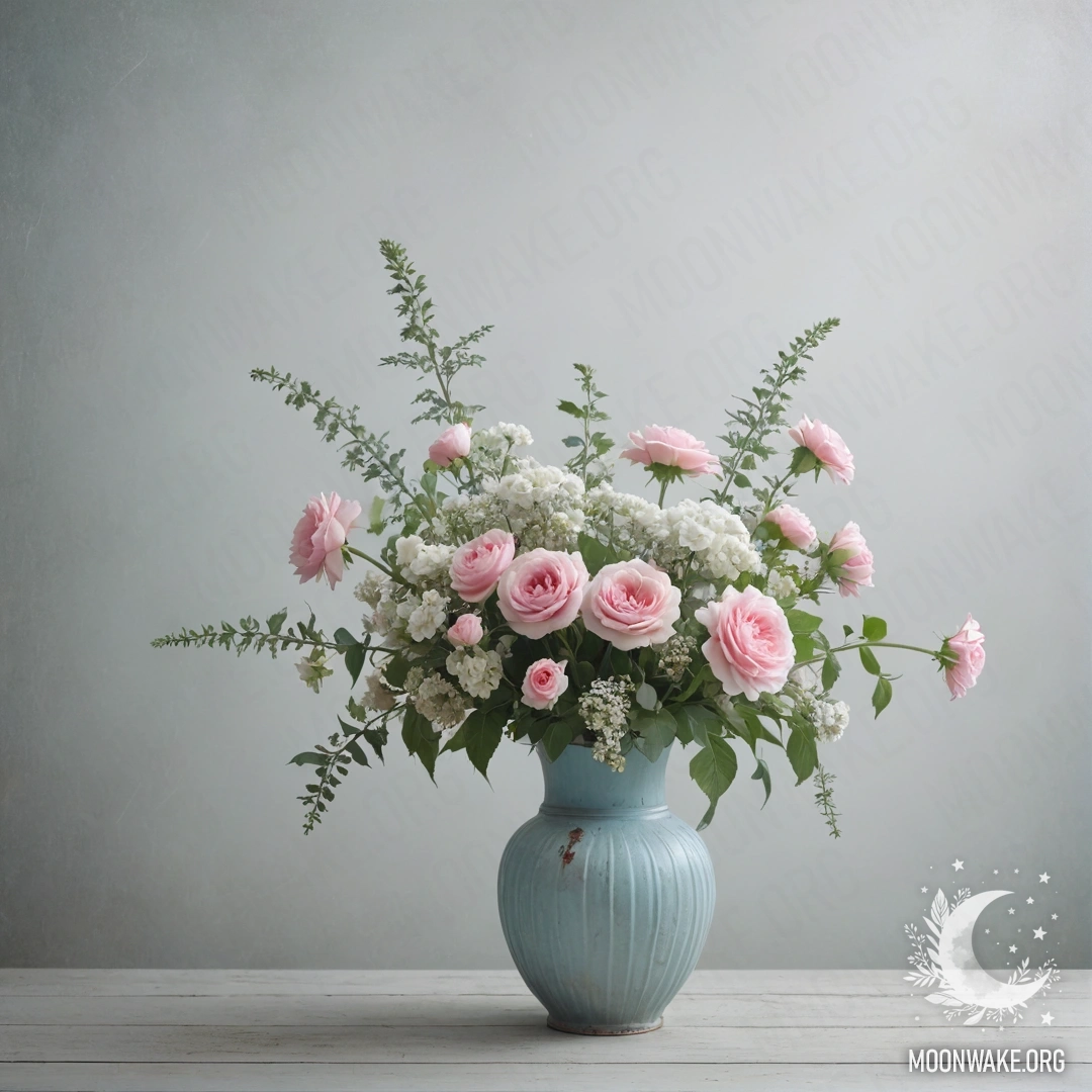 A shabby pastel blue vase filled with white and pink flowers against a shabby white wall, enveloped in dense fog.