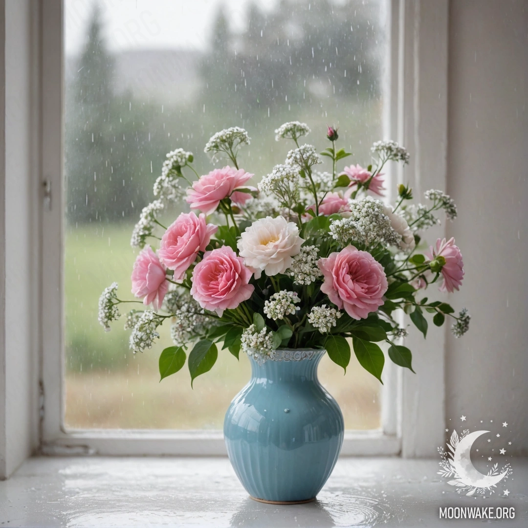 Pastel Vase with Flowers Under Rain A pastel blue vase with white and pink flowers on a shabby white wall during rain.