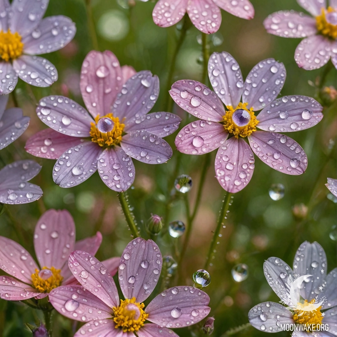 A close-up of beautiful wildflowers adorned with dew drops and rhinestones in pastel colors.
