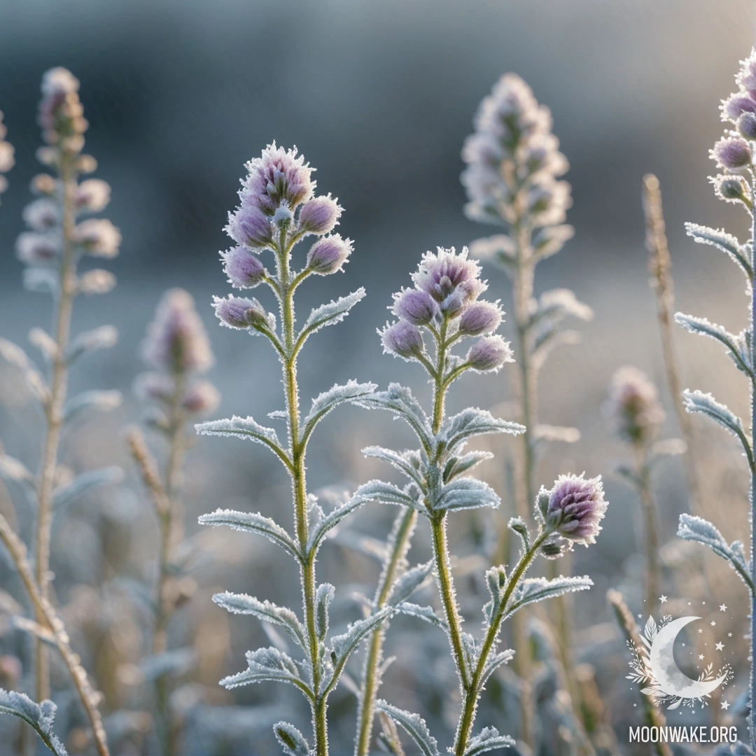 Delicate wildflowers with pastel colors surrounded by frost patterns.