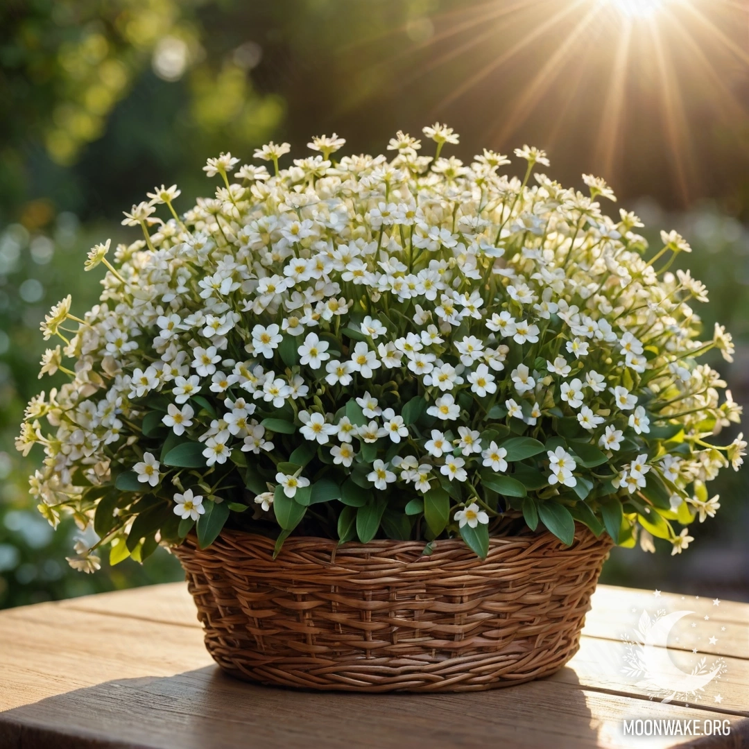 A basket filled with small white flowers on a wooden table during sunset.