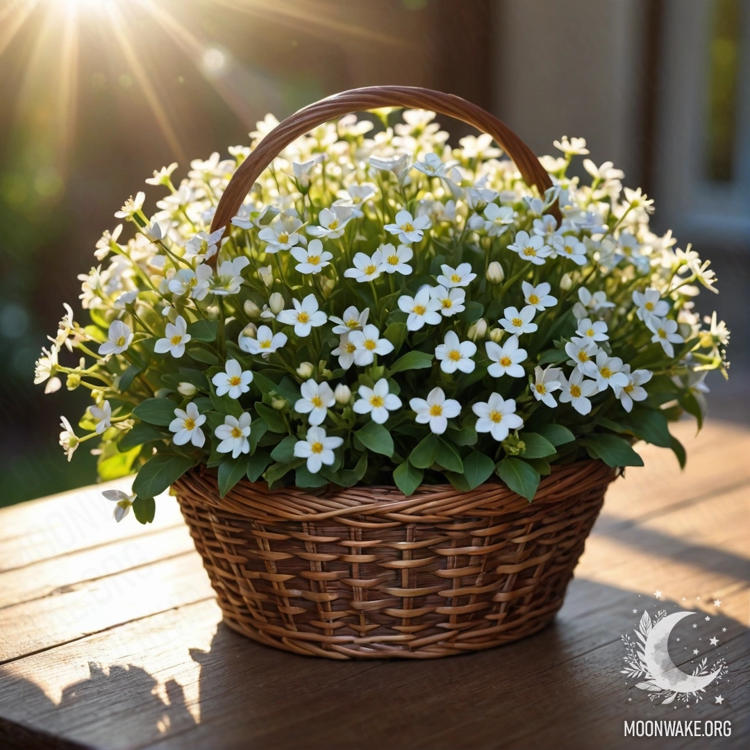 Peaceful Basket of White Flowers A basket filled with small white flowers sitting on a wooden table during sunset, illuminated by sun rays.