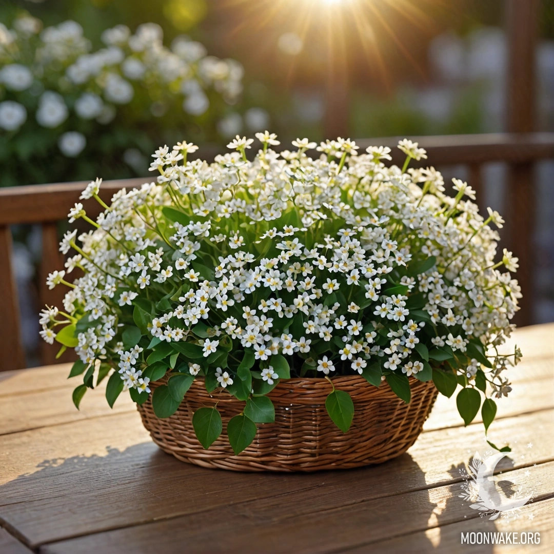 A basket filled with small white flowers resting on a wooden table illuminated by sunset light.
