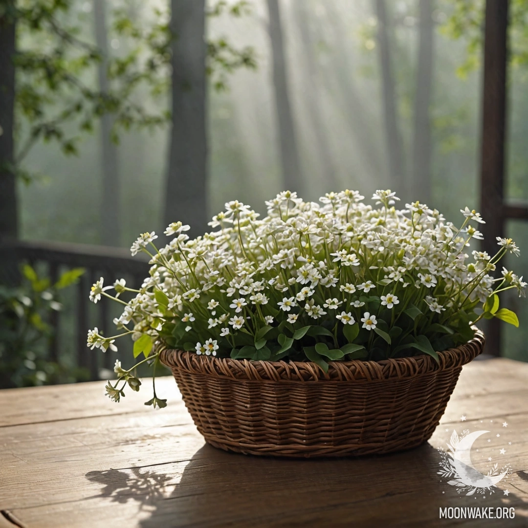 A basket of small white flowers on a wooden table in heavy fog.