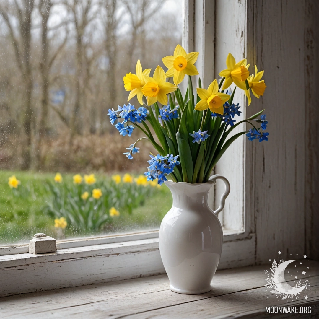 A basket filled with small white flowers resting on a wooden table, bathed in soft sunlight during sunset.