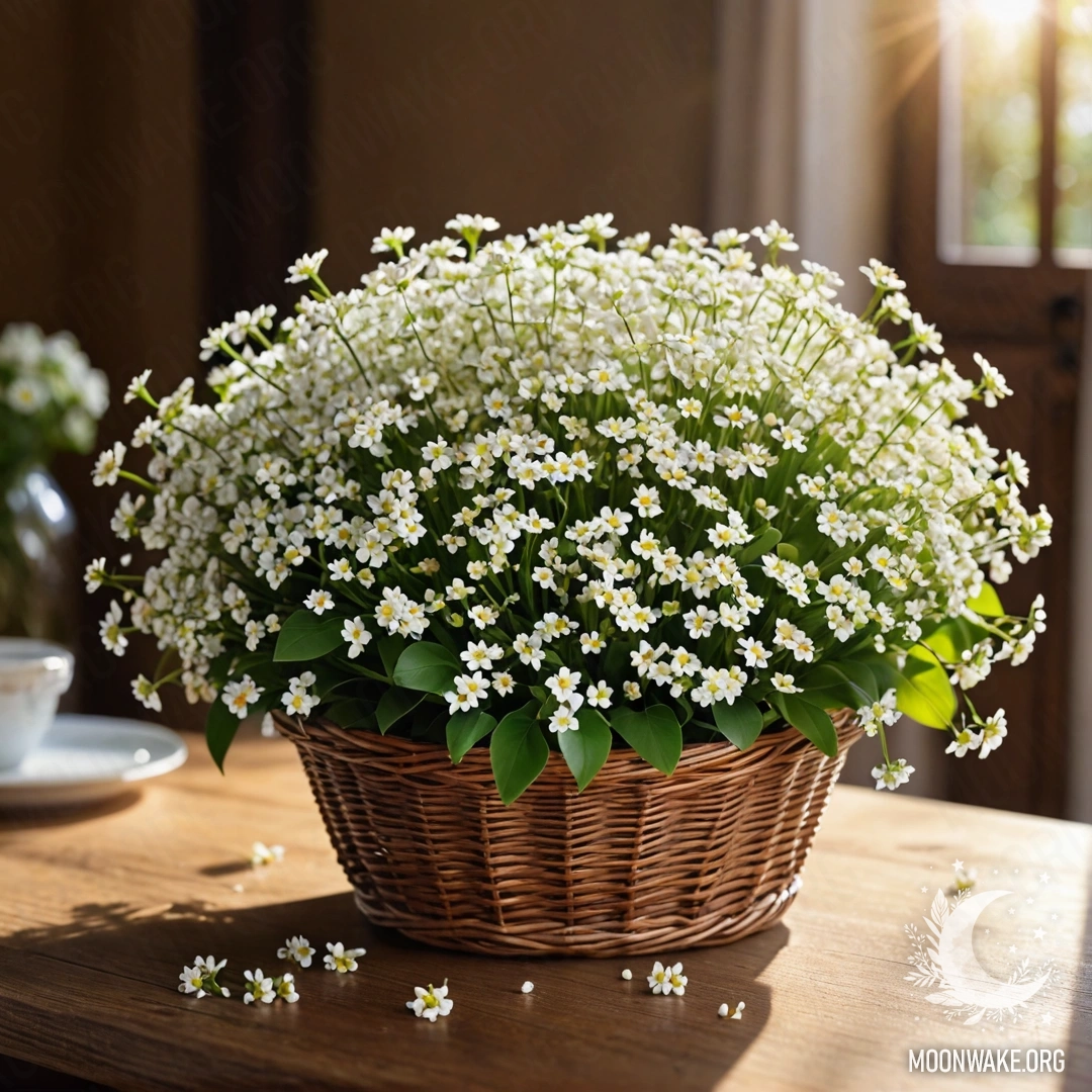 A photorealistic depiction of a basket filled with small white flowers, illuminated by sunlight, resting on a wooden table.