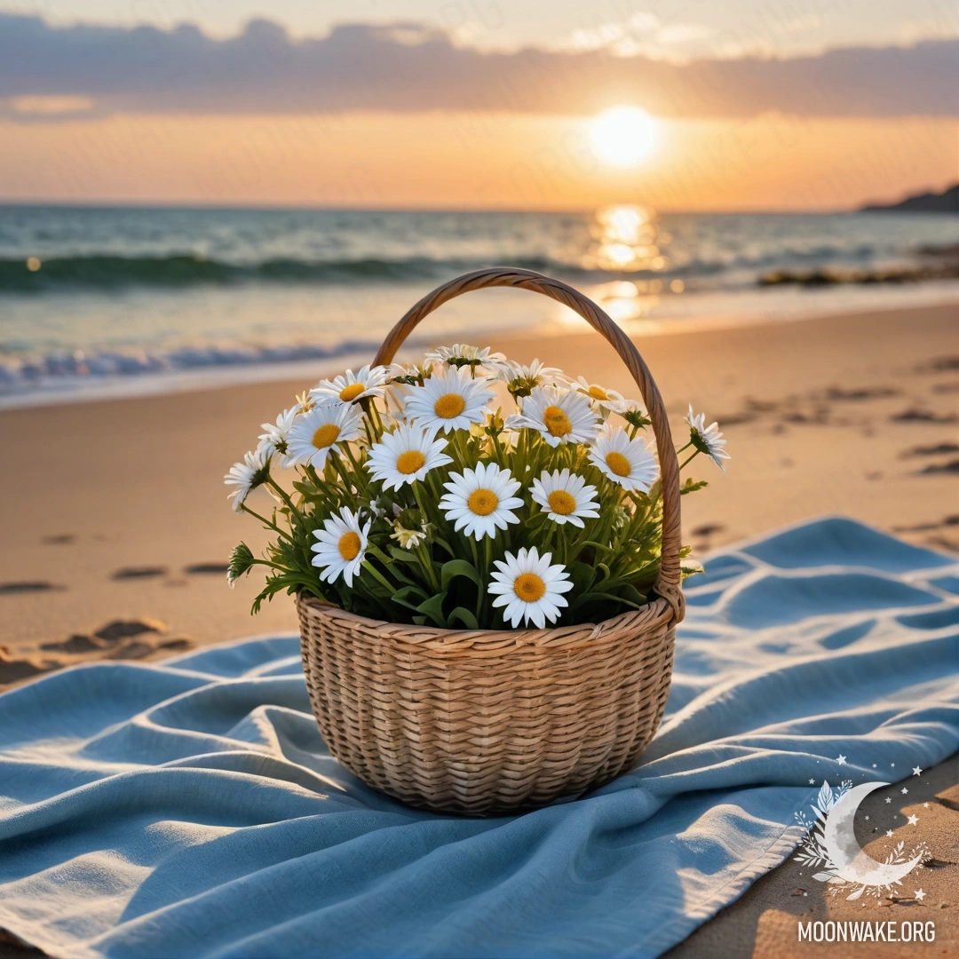 A serene sandy beach at sunset with a straw bag containing a blue tablecloth and a bouquet of daisies in front of the sea.