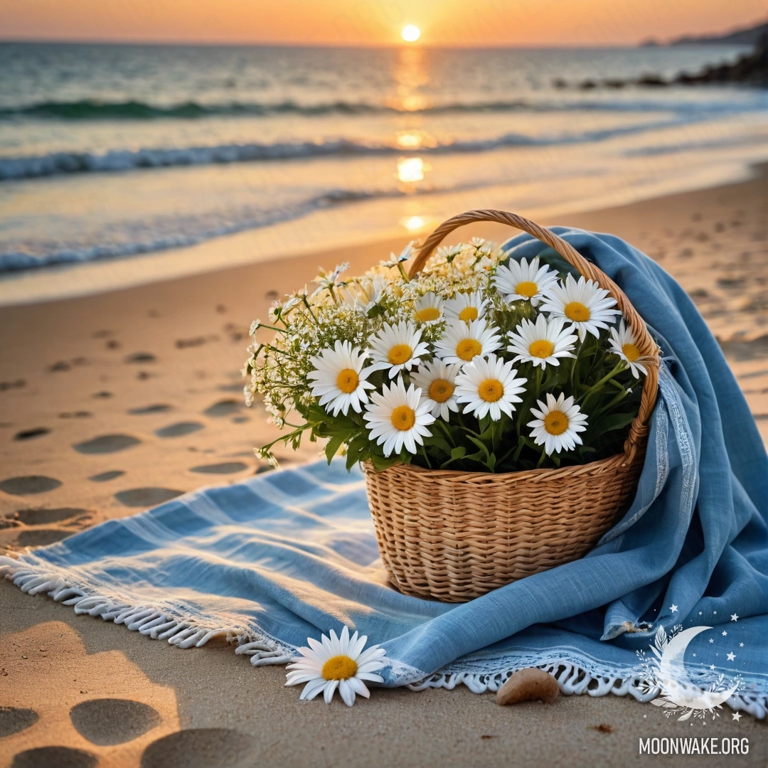 A straw bag with a blue tablecloth and bouquet of daisies on a sandy beach at sunset with sun rays and the sea in the background.