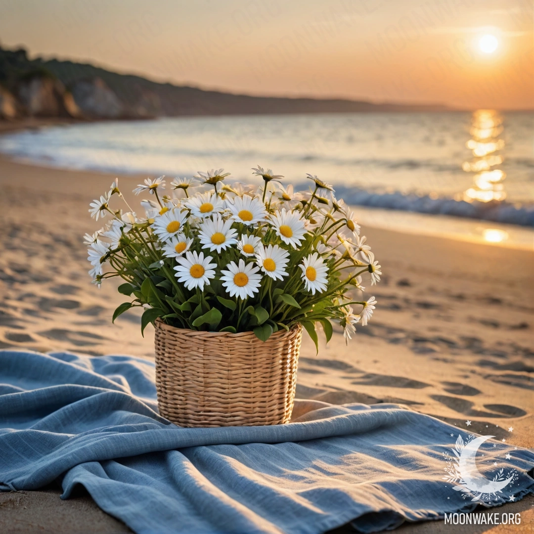 A straw bag with a blue tablecloth and a bouquet of daisies on a sandy beach at sunset