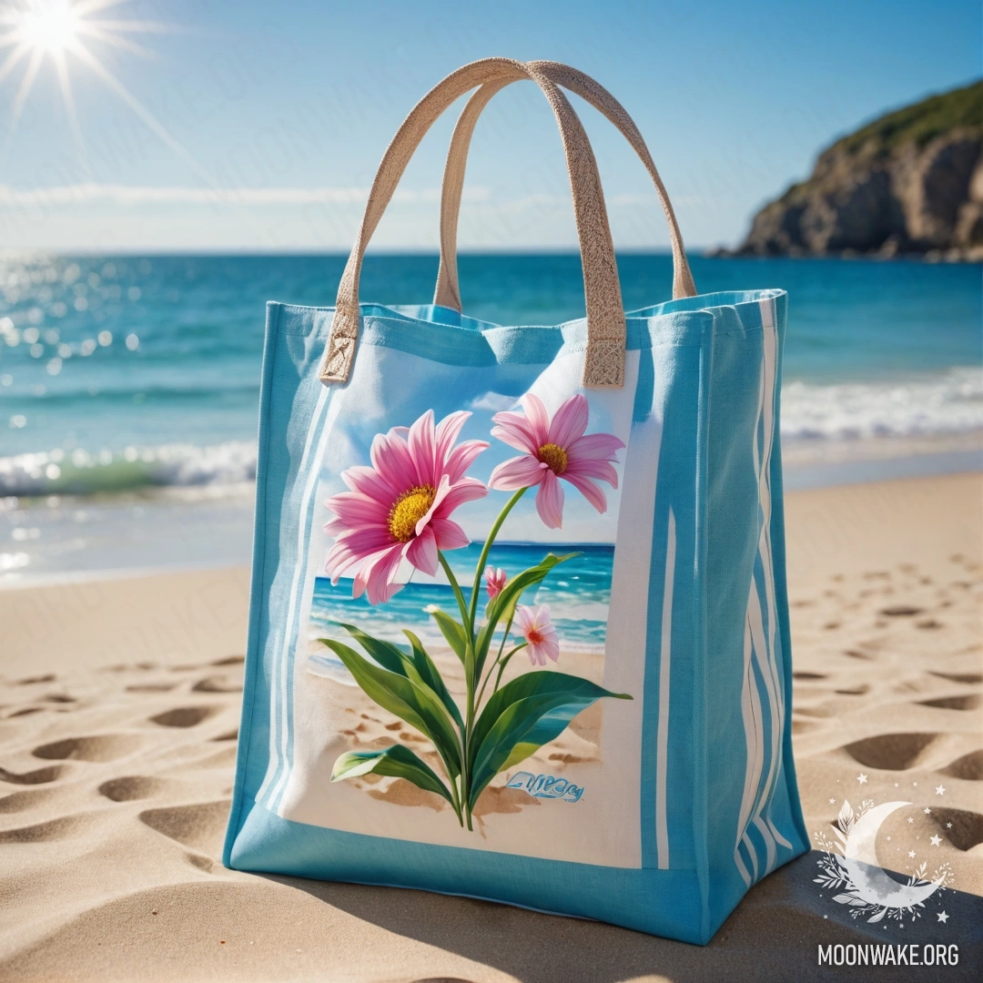 A white and blue striped fabric bag filled with pink flowers on a sandy beach, with a blue sea and sky in the background.