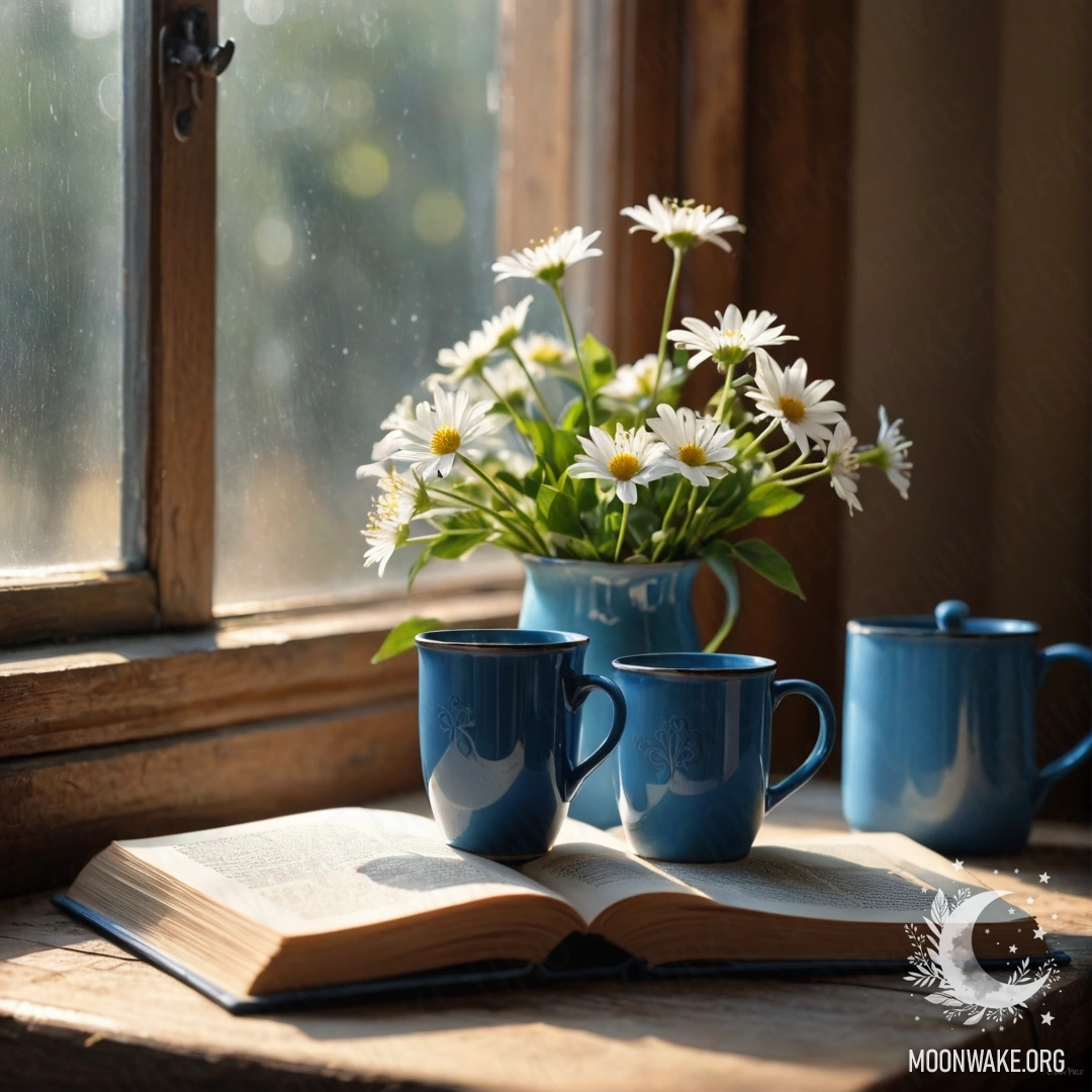 A blue book lying on a wooden windowsill with a blue mug containing flowers, illuminated by sun rays.