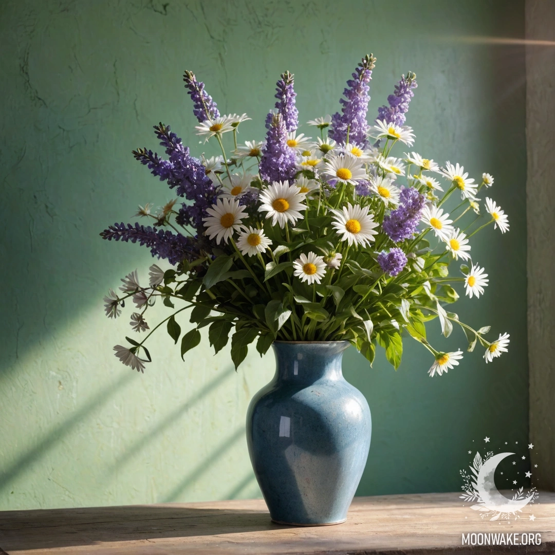 A shabby blue metal vase filled with daisies and lilacs against a greenish wall, illuminated by soft sunlight.