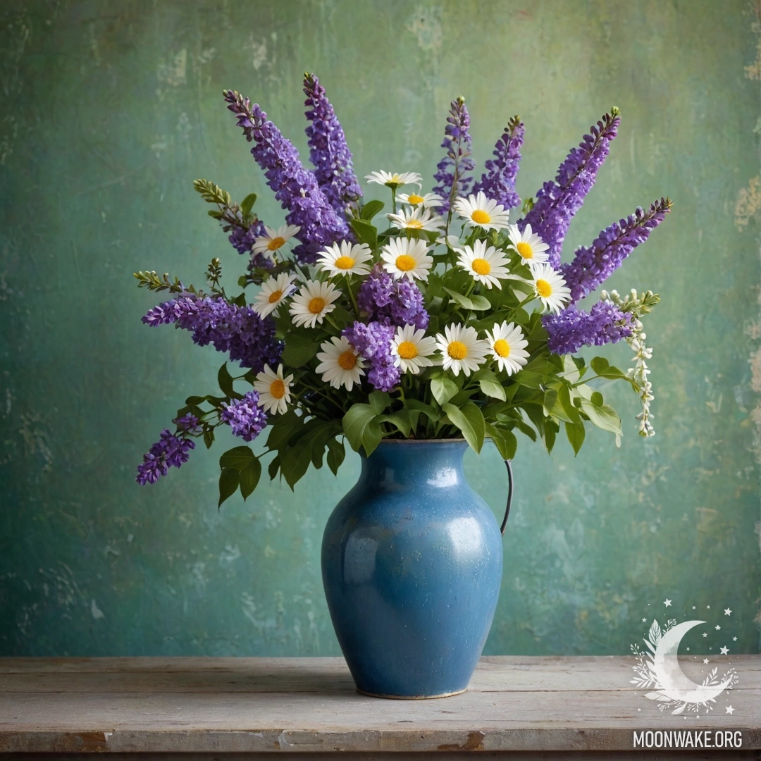 A shabby blue metal vase filled with daisies and lilacs against a greenish wall adorned with garland lights.