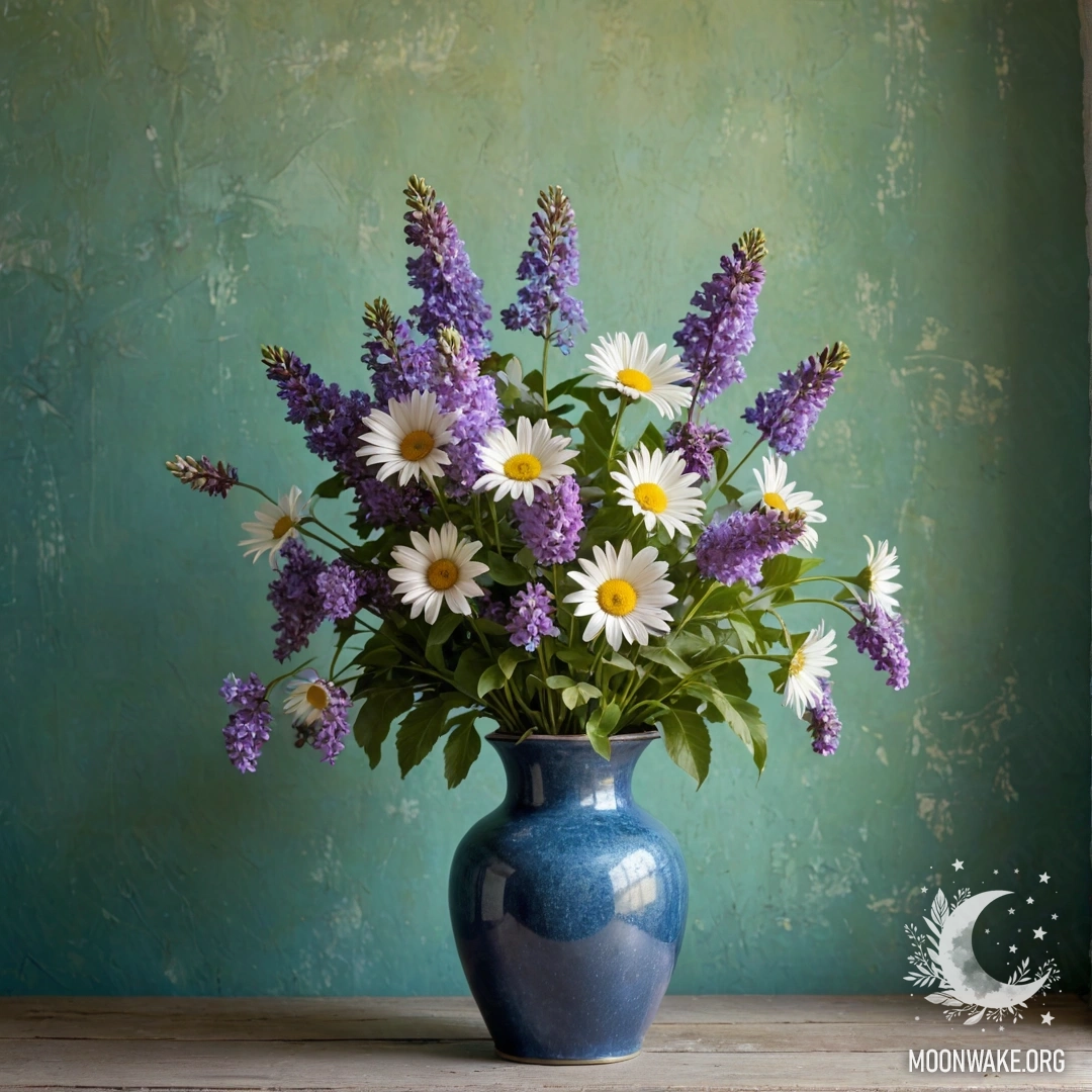 A shabby metal blue vase filled with daisies and lilacs against a greenish wall, illuminated by sun rays.