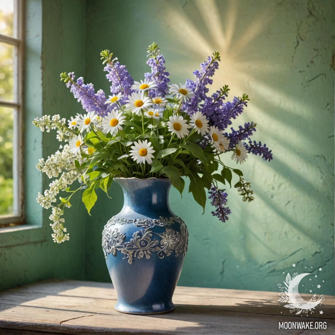 Peaceful Blue Vase with Daisies and Lilacs A shabby blue vase filled with daisies and lilacs against a greenish wall illuminated by sun rays.