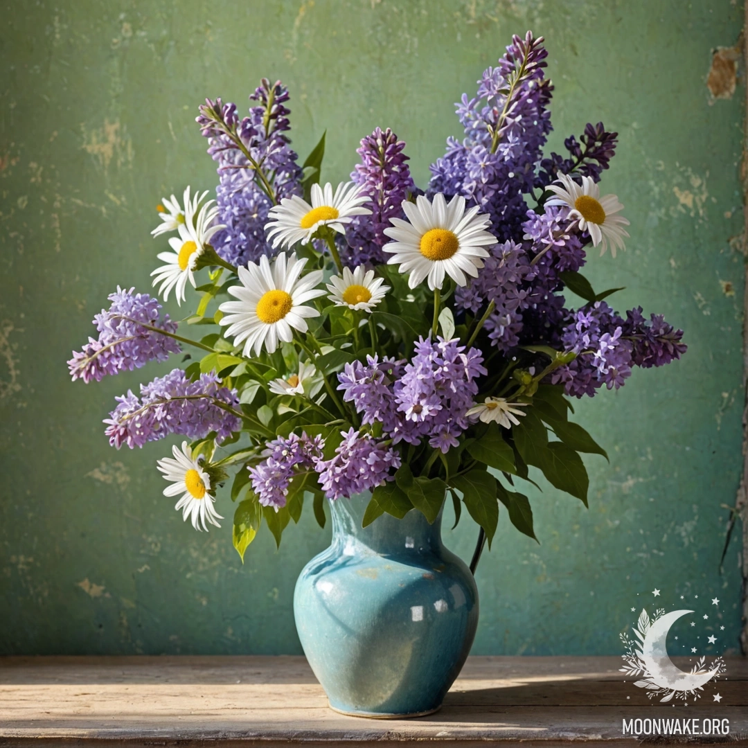 A shabby blue vase filled with daisies and lilacs against a greenish wall, illuminated by sun rays.
