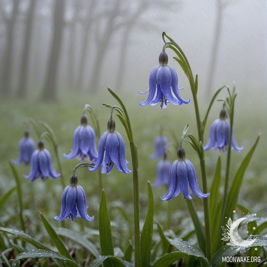 A serene bluebell flower set against a foggy background resembling sea waves.
