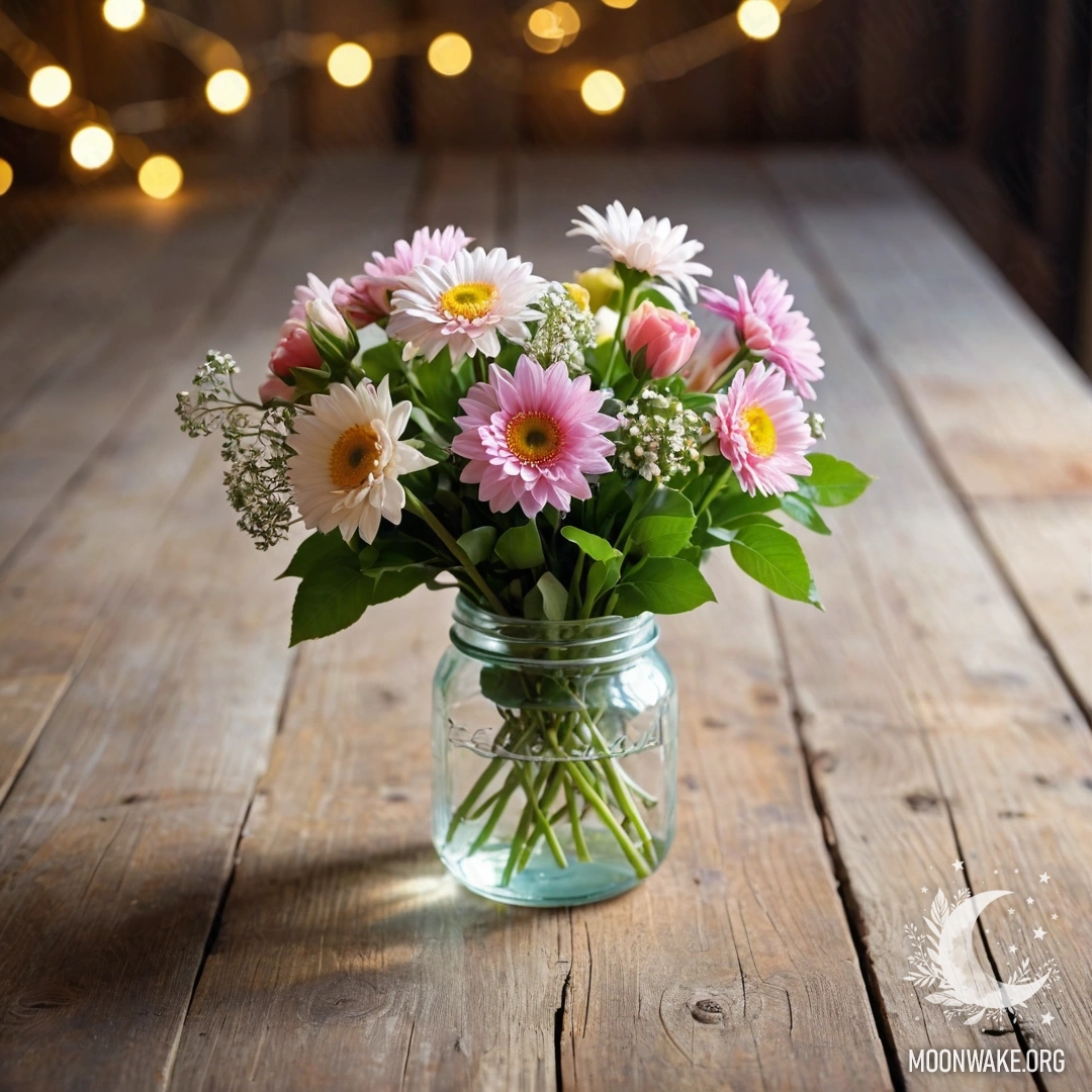 A rustic wooden table with a jar of flowers and a bokeh light garland in the background.