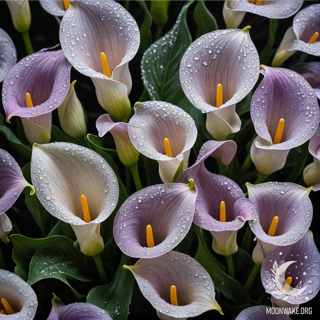 Purple calla lilies surrounded by frost at night.