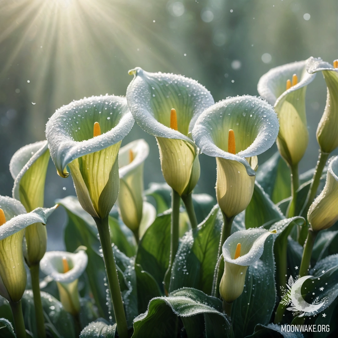 Peaceful Calla Lilies in Frost A serene arrangement of green calla lilies in frost, illuminated by sunny rays and adorned with rhinestones.