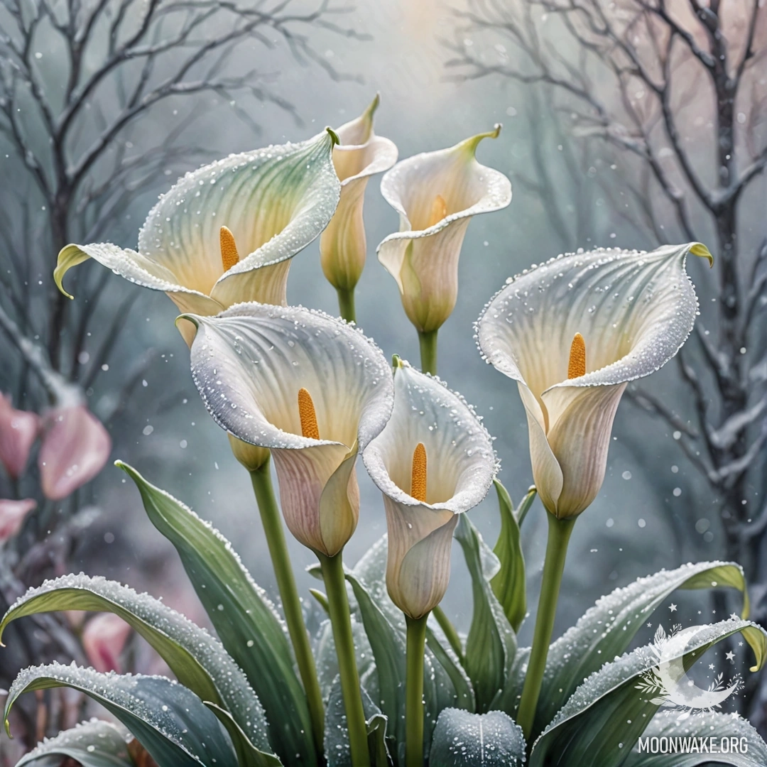 Soft pastel-colored calla lilies covered in frost and glitter.