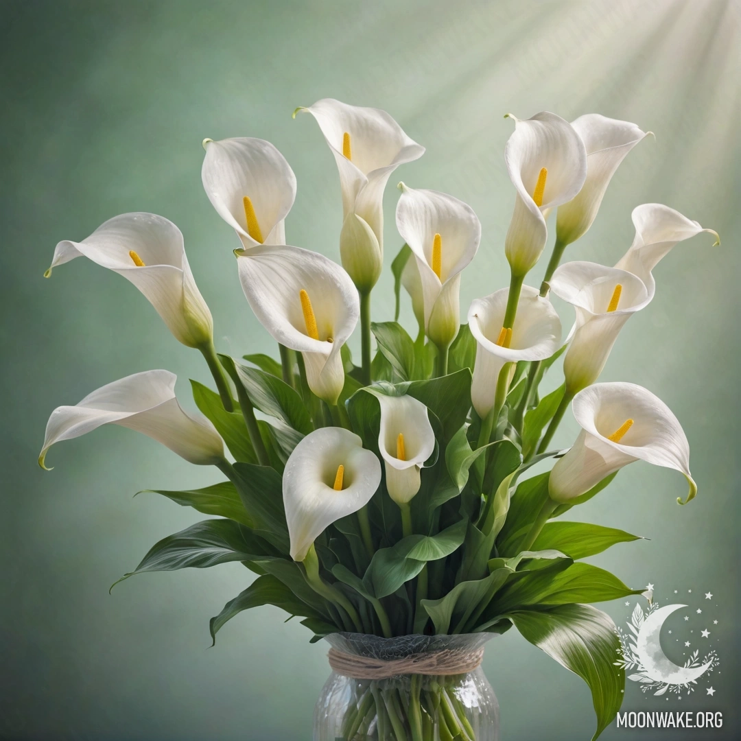 Peaceful Calla Lilies in Mint Fog A bouquet of calla lilies in mint color shrouded in fog with sunny rays.