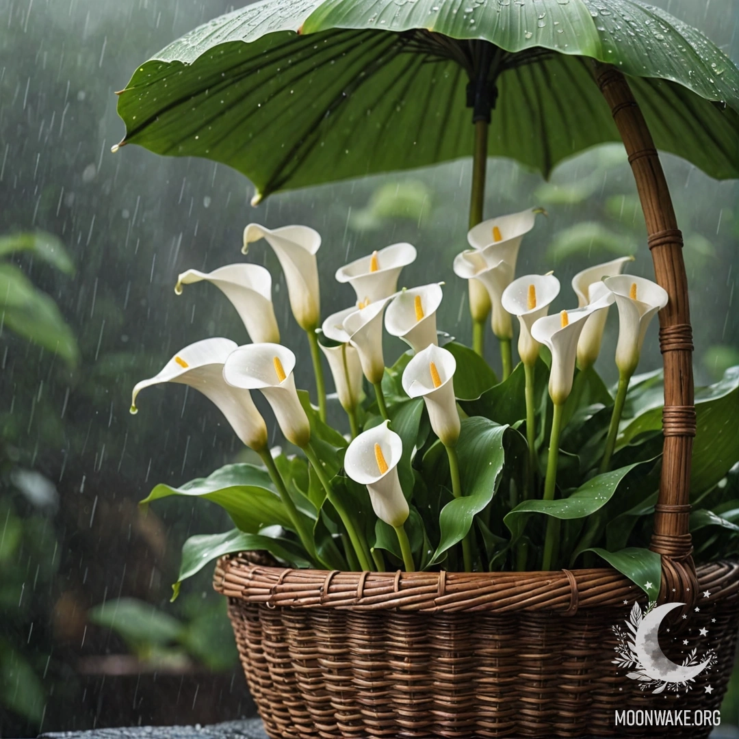 A basket of lime calla lilies in misty rain, surrounded by peaceful atmosphere