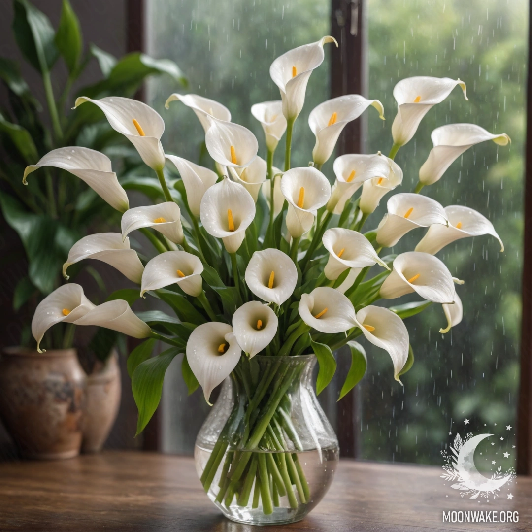 Peaceful Calla Lilies in the Rain A vase filled with pastel-colored calla lilies under the rain, illuminated by sunny rays.