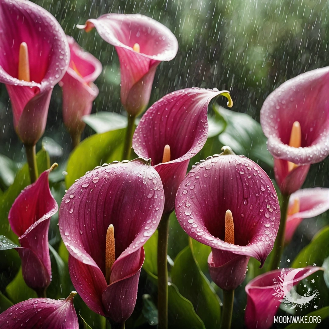 A serene view of fuchsia calla lilies bathed in rain with sunny rays.